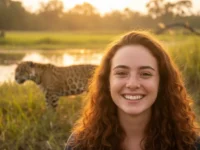 Mulher sorrindo vendo onças no Pantanal