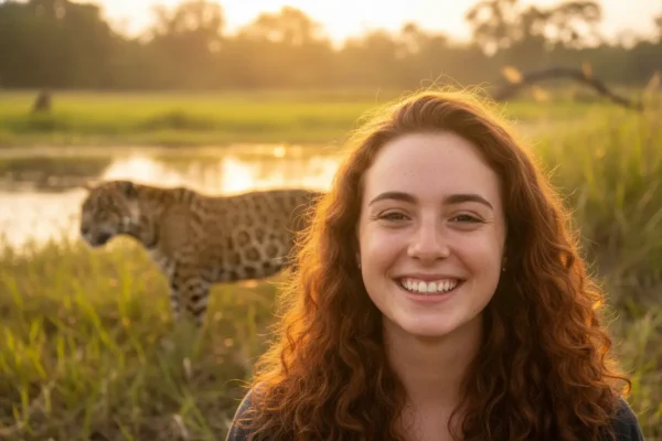 Mulher sorrindo vendo onças no Pantanal