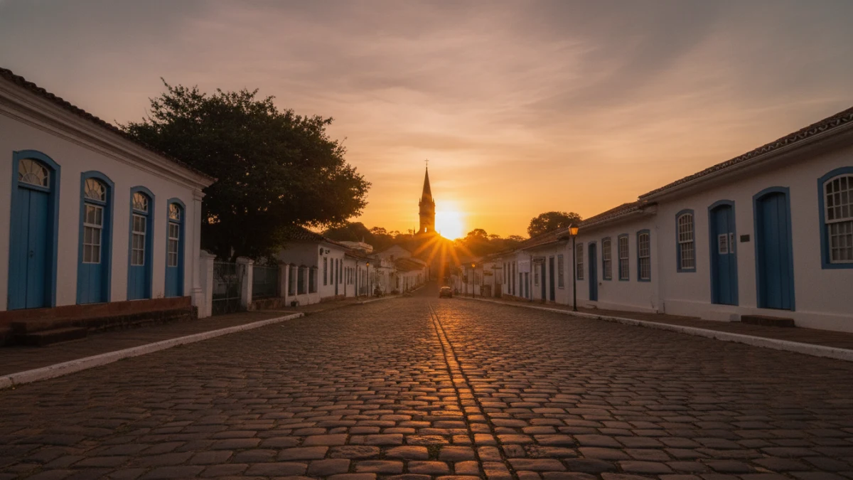 Goiás Velho GO Histórico e o charme que cabe no bolso ao pôr do sol, rua antiga e igreja.