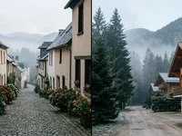 Duas ruas de serra com casas de estilo europeu, uma com hortênsias e outra com pinheiros, sob neblina leve