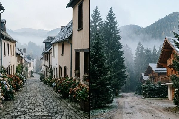 Duas ruas de serra com casas de estilo europeu, uma com hortênsias e outra com pinheiros, sob neblina leve