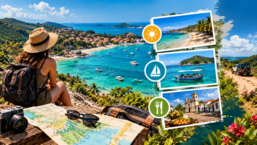 Paisagem tropical com praia de águas cristalinas, barcos, vila costeira, viajante com mochila e colagem de atrações turísticas.