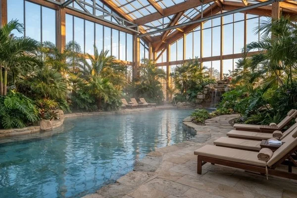 Piscina de águas termais com vapor leve ao amanhecer, cercada por palmeiras e espreguiçadeiras vazias