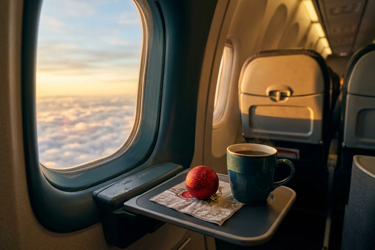 Janela de avião ao pôr do sol com nuvens douradas e uma pequena bola de Natal vermelha no peitoril