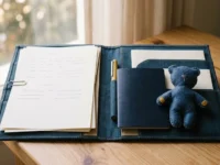 Pasta aberta com folhas em branco, passaporte de capa azul e ursinho de feltro sobre uma mesa de madeira