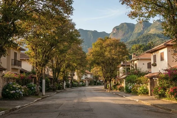 Avenida arborizada de cidade de serra com jardins floridos e montanhas ao fundo no fim da tarde